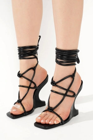 Rhetta Lace-up Square Toe Sculptural Wedge Heel Sandal