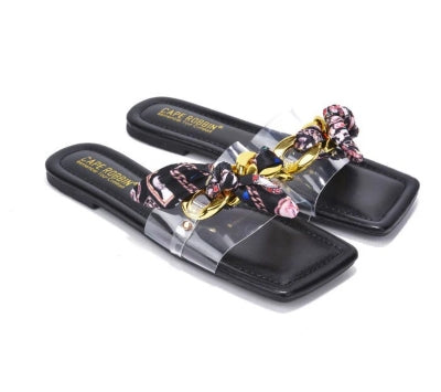 Bow Detail Open Square Toe Flat Sandal-Black
