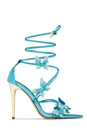 Paz Ronni Butterfly Detail Lace-up Pointy Peep Toe Stiletto Heel Sandal-Blue