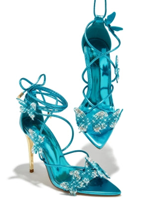 Paz Ronni Butterfly Detail Lace-up Pointy Peep Toe Stiletto Heel Sandal-Blue