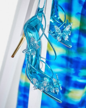 Paz Ronni Butterfly Detail Lace-up Pointy Peep Toe Stiletto Heel Sandal-Blue