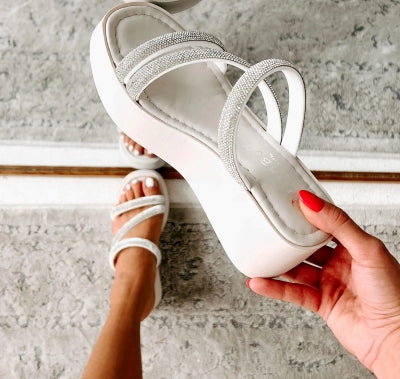 Bamboo Italian Brand Rosana Rhinestone Strap Platform Slide Sandal-White