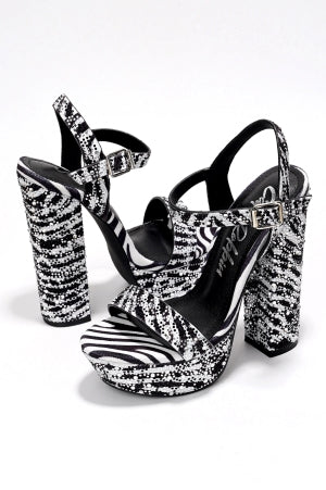 Cape Robbin Ross Ankle Buckle Strap Rhinestone Embellished Platform Round Toe Block Heel Sandal-Zebra