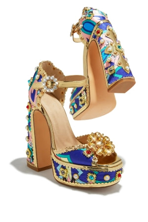 Chase Royal Stone and Pearl Embellished Ankle Adjustable Buckle Open Toe Platform Block Heel -Blue