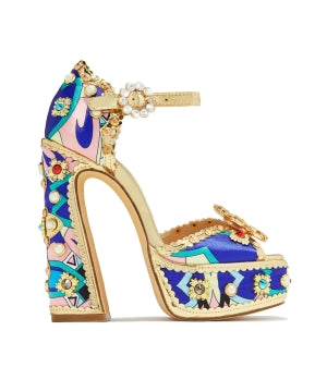 Chase Royal Stone and Pearl Embellished Ankle Adjustable Buckle Open Toe Platform Block Heel -Blue