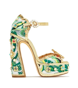Chase Royal Stone and Pearl Embellished Ankle Adjustable Buckle Open Toe Platform Block Heel -Green