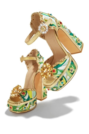 Chase Royal Stone and Pearl Embellished Ankle Adjustable Buckle Open Toe Platform Block Heel -Green