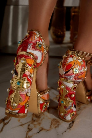 Chase Royal Stone and Pearl Embellished Ankle Adjustable Buckle Open Toe Platform Block Heel -Black