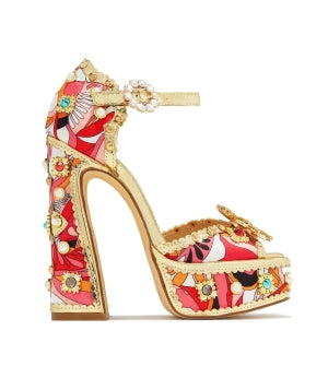 Chase Royal Stone and Pearl Embellished Ankle Adjustable Buckle Open Toe Platform Block Heel -Red