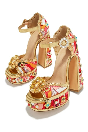 Chase Royal Stone and Pearl Embellished Ankle Adjustable Buckle Open Toe Platform Block Heel -Red