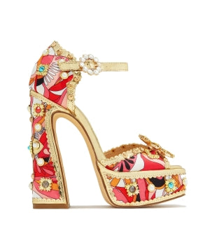 Chase Royal Stone and Pearl Embellished Ankle Adjustable Buckle Open Toe Platform Block Heel -Red