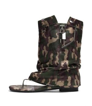 Cape Robbin Sari Step-in Thong Zipper and Lock Detail Round Toe Flat Sandal-Camo