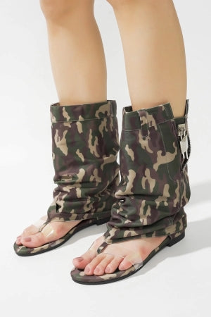 Cape Robbin Sari Step-in Thong Zipper and Lock Detail Round Toe Flat Sandal-Camo