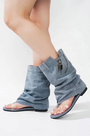 Cape Robbin Sari Step-in Thong Zipper and Lock Detail Round Toe Flat Sandal-Denim