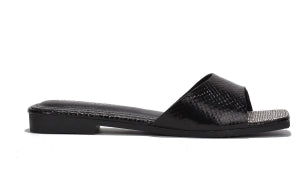 Cape Robbin Seya Metalic Finish Square Open Toe Flat Sandals-Black