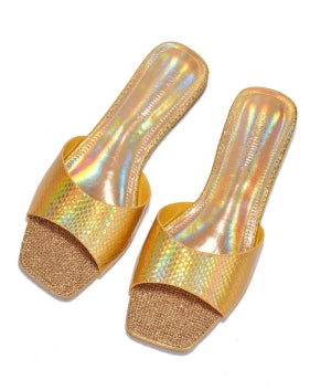 Cape Robbin Seya Metalic Finish Square Open Toe Flat Sandals-Gold