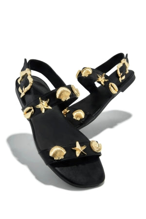 Olivia Shelley Sea Shell and Starfish Pendant Detailing Adjustable Straps Flat Sandal-Black
