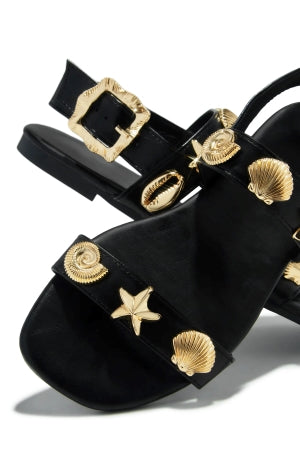 Olivia Shelley Sea Shell and Starfish Pendant Detailing Adjustable Straps Flat Sandal-Black