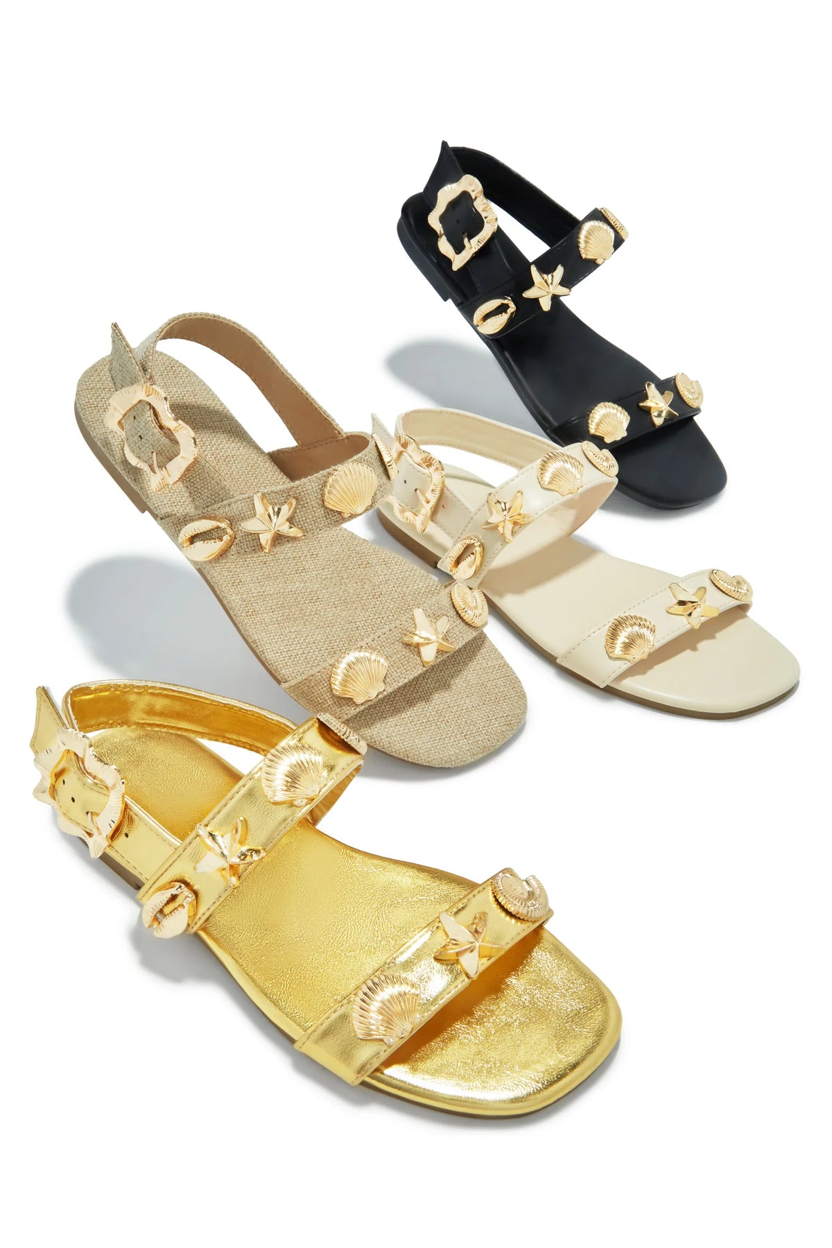 Olivia Shelley Sea Shell and Starfish Pendant Detailing Adjustable Straps Flat Sandal-Black