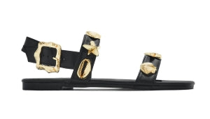 Olivia Shelley Sea Shell and Starfish Pendant Detailing Adjustable Straps Flat Sandal-Black
