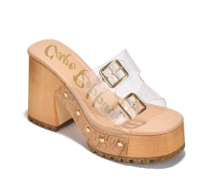Tanuji Buckle Detail Clear Finish Wood-grain Platform Round Toe High Block Heel Sandal