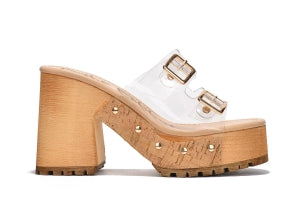 Tanuji Buckle Detail Clear Finish Wood-grain Platform Round Toe High Block Heel Sandal