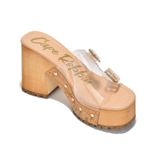 Tanuji Buckle Detail Clear Finish Wood-grain Platform Round Toe High Block Heel Sandal