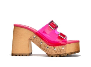 Tanuji Buckle Detail Clear Finish Wood-grain Platform Round Toe High Block Heel Sandal-Pink