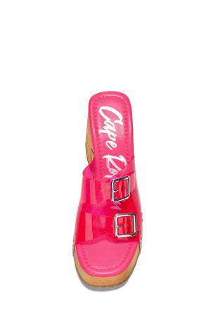 Tanuji Buckle Detail Clear Finish Wood-grain Platform Round Toe High Block Heel Sandal-Pink