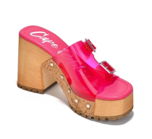 Tanuji Buckle Detail Clear Finish Wood-grain Platform Round Toe High Block Heel Sandal-Pink