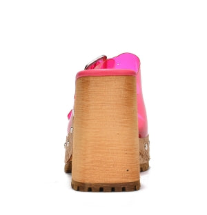 Tanuji Buckle Detail Clear Finish Wood-grain Platform Round Toe High Block Heel Sandal-Pink