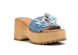 Mata Too Much Raffia And Pearl Detail Straps Round Toe Slip-on Platform Block Heel Sandal