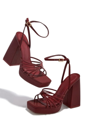 Olivia Vanilla Ankle Buckle Closure Open Square Toe Platform Block Heel Sandal-Wine