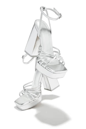 Olivia Vanilla Ankle Buckle Closure Open Square Toe Platform Block Heel Sandal-Silver