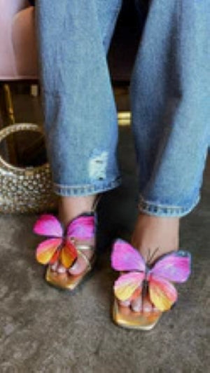 Lily Via-2 Full Butterfly Detail Open Square Toe Stiletto Heel-Gold