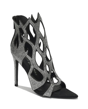 Vitoria Zipper Enclosure Rhinestone Embellished Flame Trimmed Pointy Toe Stiletto Heel Sandal