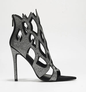 Vitoria Zipper Enclosure Rhinestone Embellished Flame Trimmed Pointy Toe Stiletto Heel Sandal