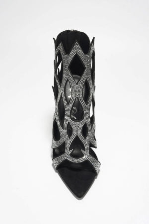 Vitoria Zipper Enclosure Rhinestone Embellished Flame Trimmed Pointy Toe Stiletto Heel Sandal