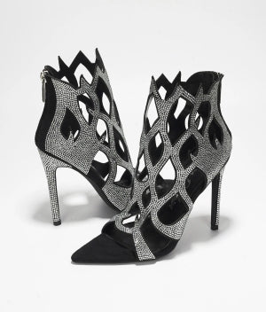 Vitoria Zipper Enclosure Rhinestone Embellished Flame Trimmed Pointy Toe Stiletto Heel Sandal