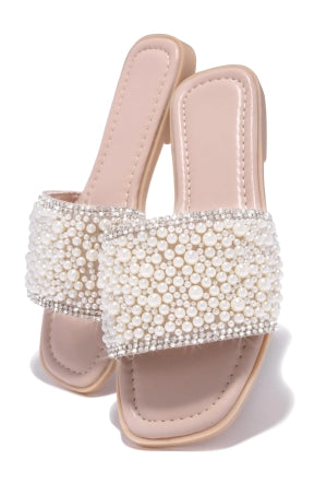 Lily Zarya-2 Pearl Embellished wide Vamp Angular Open Toe Flat Mule-Nude