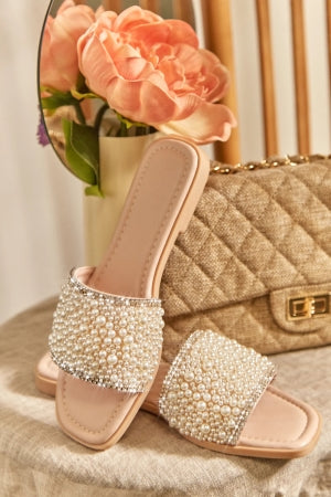 Pearl Embellished wide Vamp Open Toe Flat Mule-White | Estelle Shoes