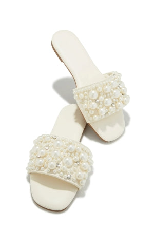 Lily Zarya-2 Pearl Embellished wide Vamp Angular Open Toe Flat Mule-White