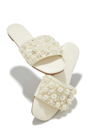 Lily Zarya-2 Pearl Embellished wide Vamp Angular Open Toe Flat Mule-White