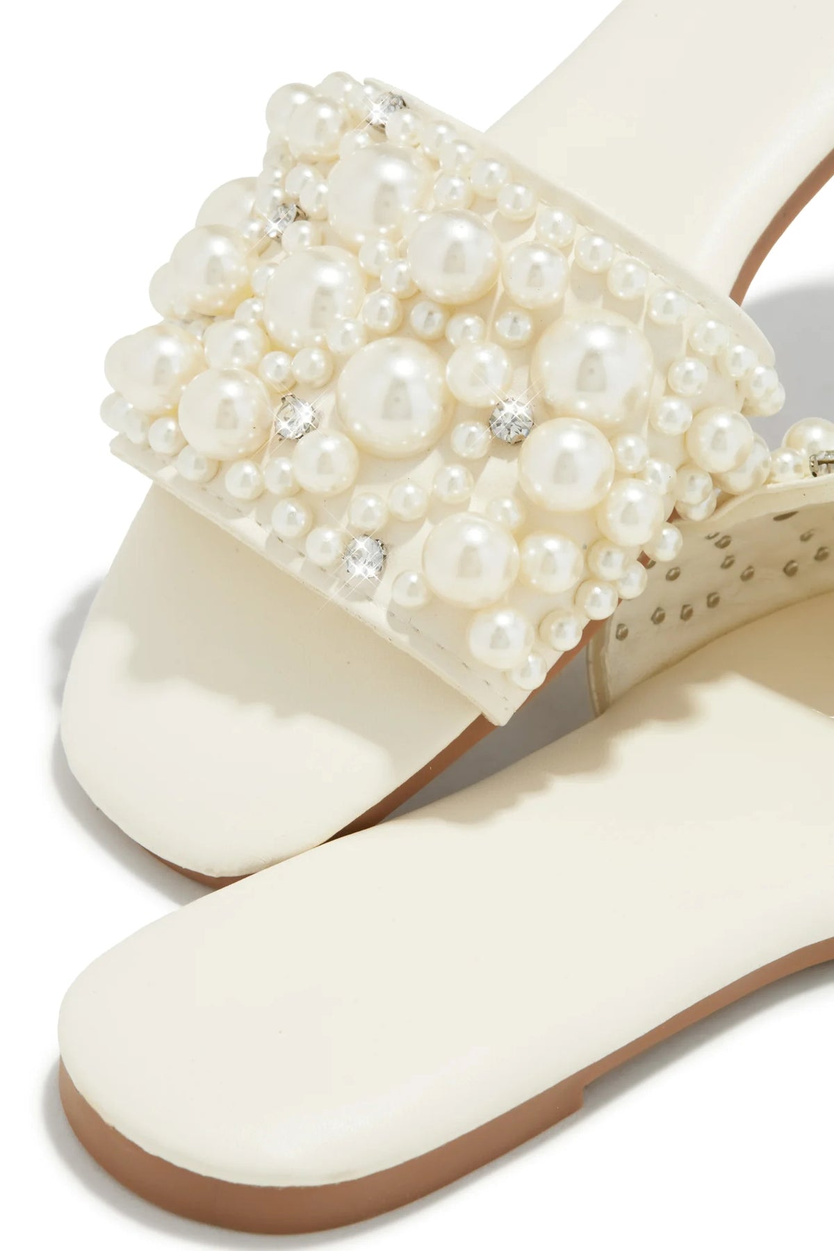 Lily Zarya-2 Pearl Embellished wide Vamp Angular Open Toe Flat Mule-White