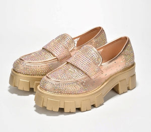 Cape Robbin Abbe Rhinestone detail Mesh Finish Chunky Platform lug Sole Women Loafers-Rosegold