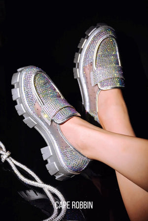 Cape Robbin Abbe Rhinestone detail Mesh Finish Chunky Platform lug Sole Women Loafer-Silvers