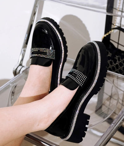 Bandia Rhinestone Lined Chunky lug Sole Patent-Denim Finish Women Loafers-Pink