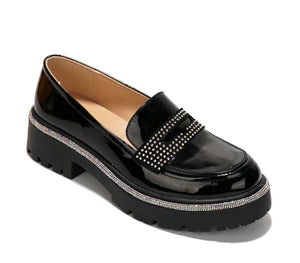 Bandia Rhinestone Lined Chunky lug Sole Patent Finish Women Loafers-Black