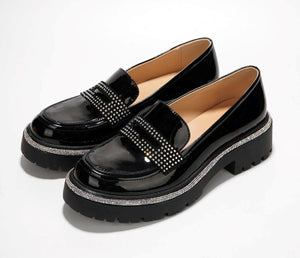 Bandia Rhinestone Lined Chunky lug Sole Patent Finish Women Loafers-Black