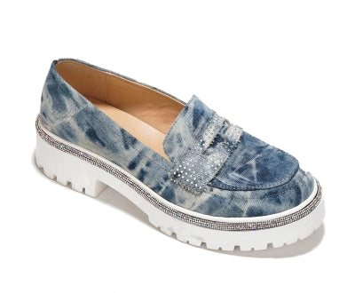 Bandia Rhinestone Lined Chunky lug Sole Denim Finish Women Loafers-Denim